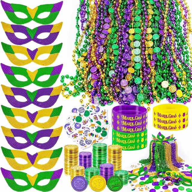 Alt view image 8 of 14 - MGparty 216 PCS Mardi Gras Accessories - Masks Beads Necklaces Coins Tattoos Bracelets Carnival Parade Masquerade Party Decorations Supplies