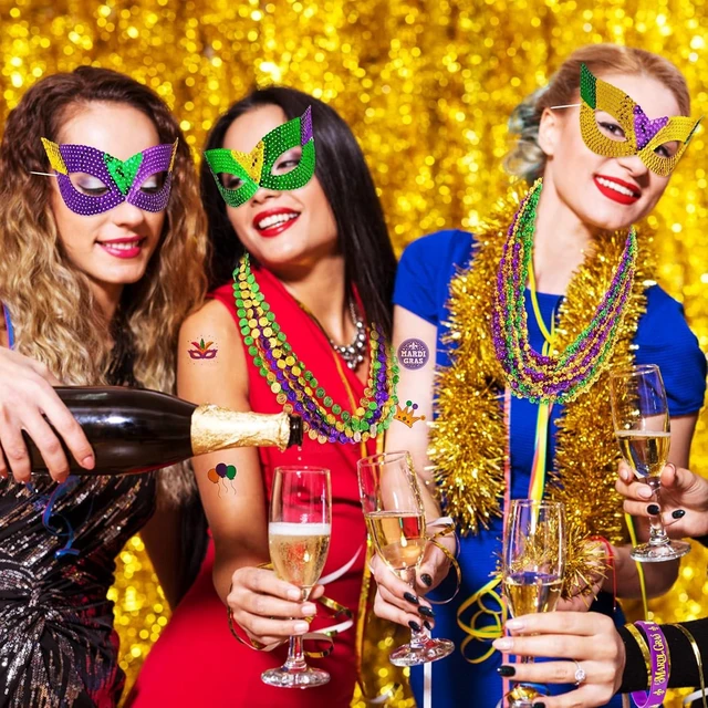 Alt view image 12 of 14 - MGparty 216 PCS Mardi Gras Accessories - Masks Beads Necklaces Coins Tattoos Bracelets Carnival Parade Masquerade Party Decorations Supplies