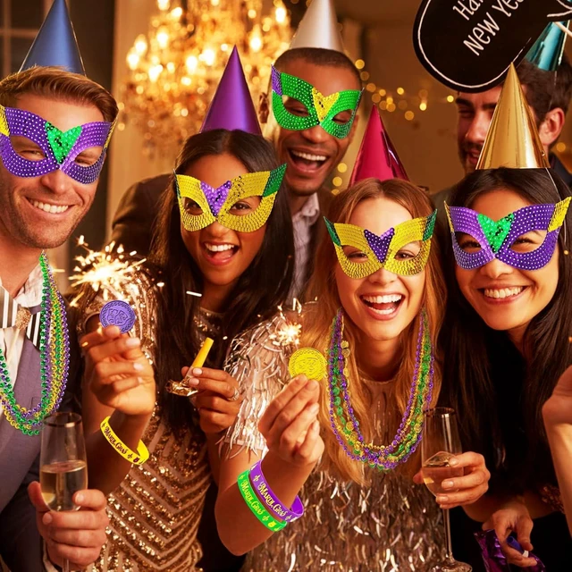 Alt view image 13 of 14 - MGparty 216 PCS Mardi Gras Accessories - Masks Beads Necklaces Coins Tattoos Bracelets Carnival Parade Masquerade Party Decorations Supplies