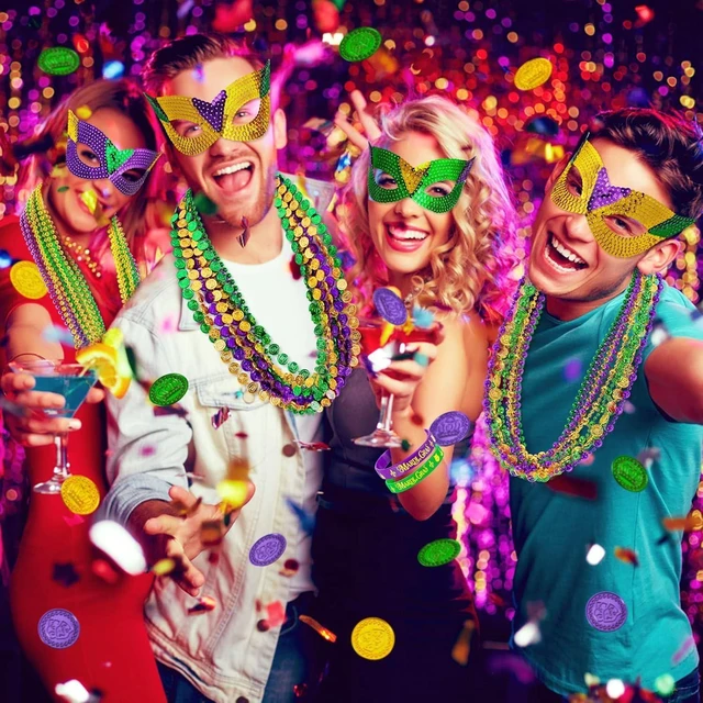 Alt view image 14 of 14 - MGparty 216 PCS Mardi Gras Accessories - Masks Beads Necklaces Coins Tattoos Bracelets Carnival Parade Masquerade Party Decorations Supplies