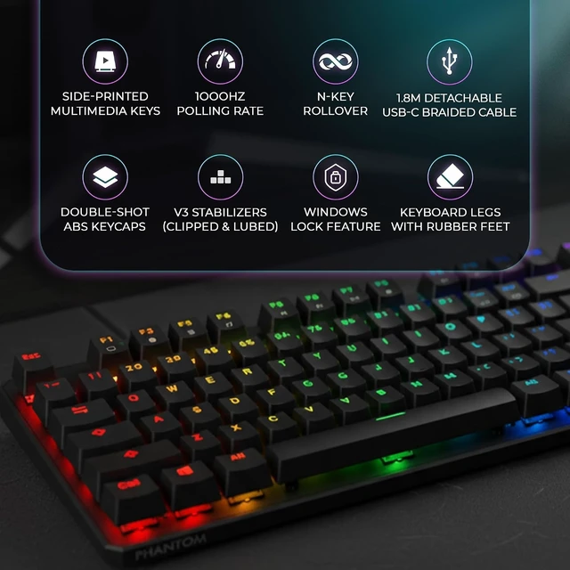 Alt view image 12 of 14 - TECWARE Phantom+ 87 Mechanical Gaming Keyboard | RGB LED Backlit | Hot Swappable Wraith Red Switches | 87 Key TKL Layout | Thocky Sound Profile | Detachable USB-C Wired | Black