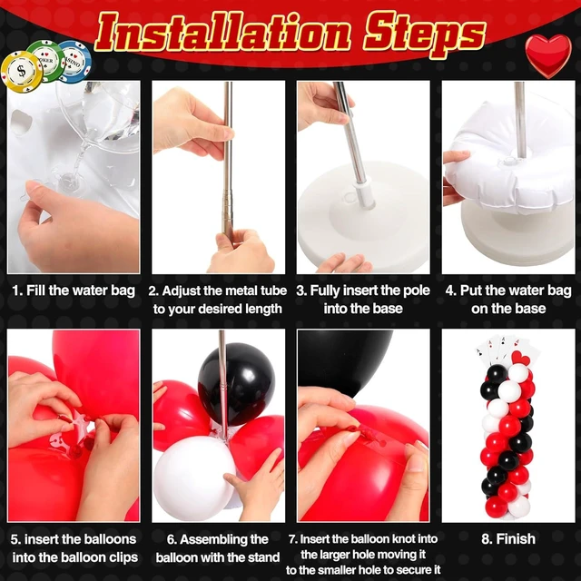 Alt view image 11 of 14 - 2 Sets Casino Theme Party Decoration Adjustable Poker Themed Balloon Column Stand Kit 8 Pcs Jumbo Poker Cards 129 Pcs Balloon Set for Las Vegas Game Night Birthday Party Supplies(Red Black and White)