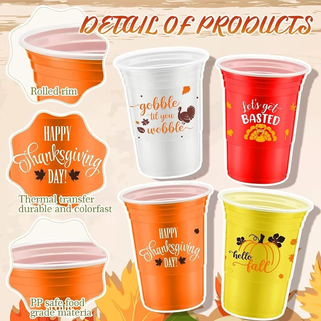 Alt view image 10 of 14 - Uiifan 60 Pcs Thanksgiving Plastic Cups 16 oz Disposable Fall Party Cup Friendsgiving Plastic Stadium Cups Turkey Pumpkin Maple Leaves Drink Cup Hot Cocoa Bar Supplies for Autumn Party