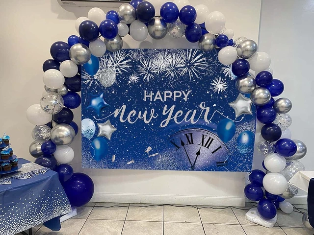 Alt view image 10 of 14 - Blue Happy New Year Backdrop 2026 New Year Eve Party Photography Background Fireworks Navy Blue Silver Glitter Sequin New Years Party Decor Supplies Banner Gift Ideas Favor 8X6FT
