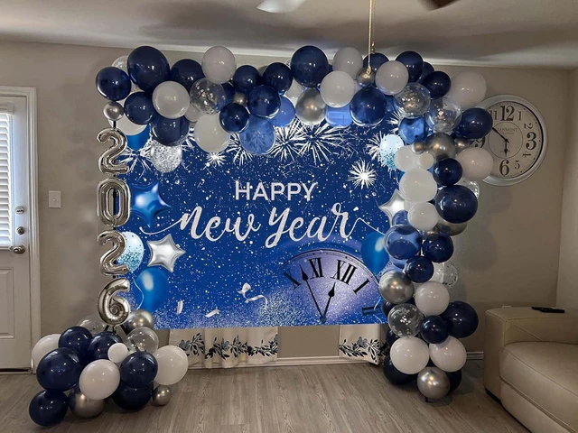 Alt view image 11 of 14 - Blue Happy New Year Backdrop 2026 New Year Eve Party Photography Background Fireworks Navy Blue Silver Glitter Sequin New Years Party Decor Supplies Banner Gift Ideas Favor 8X6FT