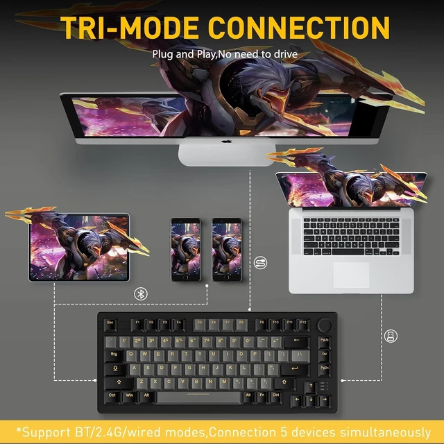 Alt view image 14 of 14 - DAREU EK75PRO Wireless 75% RGB Hot-Swappable Mechanical Gaming Keyboard with Knob,2.4Ghz/BT5.1/USB-C Connectivity, 81 Keys Gasket Mount, PBT Keycaps&Linear Dream Switch for Win/MAC