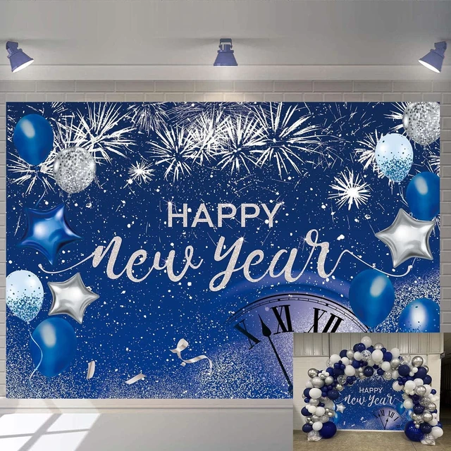 Alt view image 8 of 14 - Blue Happy New Year Backdrop 2026 New Year Eve Party Photography Background Fireworks Navy Blue Silver Glitter Sequin New Years Party Decor Supplies Banner Gift Ideas Favor 8X6FT