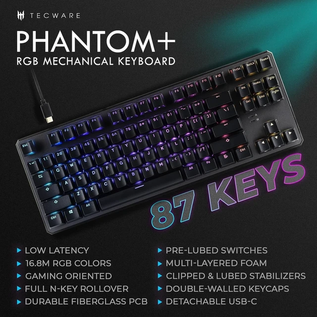 Alt view image 9 of 14 - TECWARE Phantom+ 87 Mechanical Gaming Keyboard | RGB LED Backlit | Hot Swappable Wraith Red Switches | 87 Key TKL Layout | Thocky Sound Profile | Detachable USB-C Wired | Black