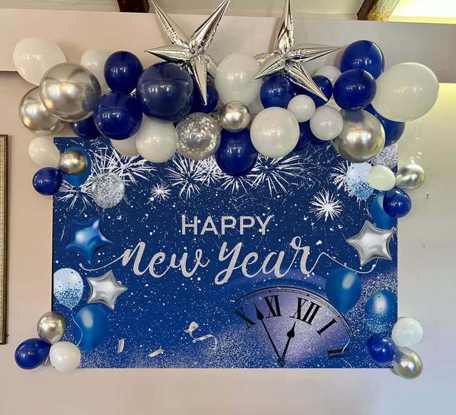 Alt view image 9 of 14 - Blue Happy New Year Backdrop 2026 New Year Eve Party Photography Background Fireworks Navy Blue Silver Glitter Sequin New Years Party Decor Supplies Banner Gift Ideas Favor 8X6FT