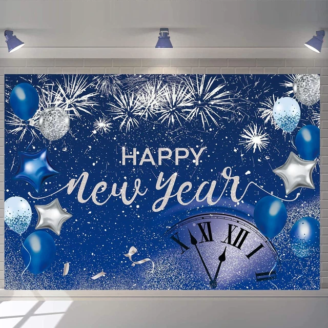 Alt view image 12 of 14 - Blue Happy New Year Backdrop 2026 New Year Eve Party Photography Background Fireworks Navy Blue Silver Glitter Sequin New Years Party Decor Supplies Banner Gift Ideas Favor 8X6FT