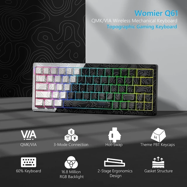 Alt view image 8 of 12 - Womier Wireless Gaming Keyboard 60 Percent with QMK/VIA, Topographic Creamy Mechanical Key Board, RGB Custom Gasket Hot Swappable for Windows & Mac-POM Linear Switch (Q61)