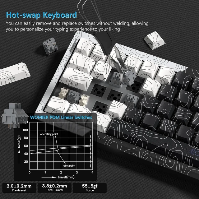 Alt view image 10 of 12 - Womier Wireless Gaming Keyboard 60 Percent with QMK/VIA, Topographic Creamy Mechanical Key Board, RGB Custom Gasket Hot Swappable for Windows & Mac-POM Linear Switch (Q61)