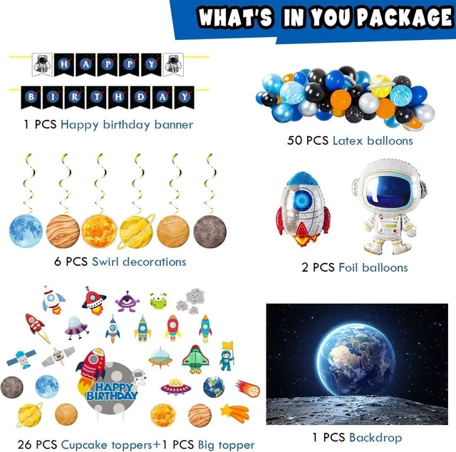 Alt view image 9 of 14 - Outer Space Party Supplies, 87Pcs Party Decorations - Rocket Balloons, Solar System Swirl Decorations, Cupcake Toppers, Astronaut Birthday Banner, Backdrops