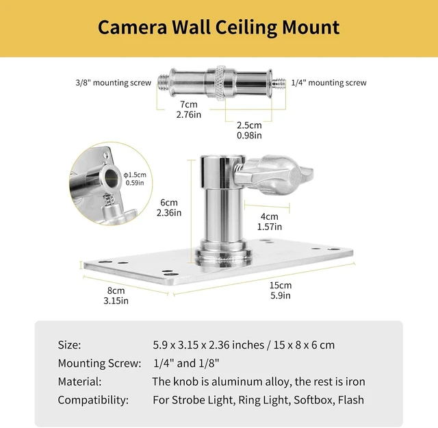Alt view image 13 of 14 - Meking Overhead Camera Wall Mount, 3.34 inch Baby Wall Plate with 1/4 and 3/8 Screw Photography Ceiling Mount for Video Studio Lighting, Strobe Light, Ring Light, Softbox, Flash