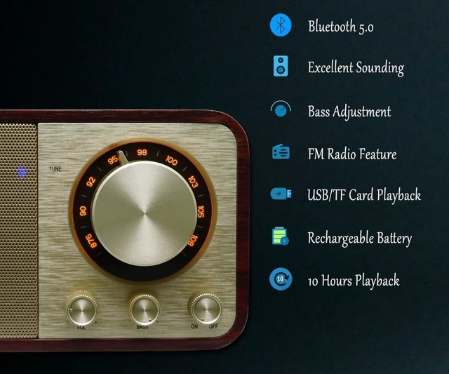 Alt view image 9 of 14 - FM Radio with Bluetooth Retro Bluetooth Speaker Vintage Radio with SD/USB Memory Music Player Function, Wireless Streaming from Smartphone, Up to 10 Hours Playback (Walnut)