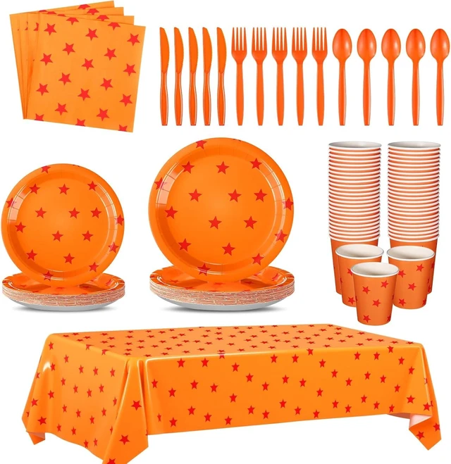 Alt view image 7 of 12 - Oudain 170 Pcs Anime Tableware Set Anime Theme Party Supplies 24 Sets Yellow and Red Stars Print Disposable Plates Napkin Cup Fork Knife Spoon Tablecloth for Anime Party Decorations