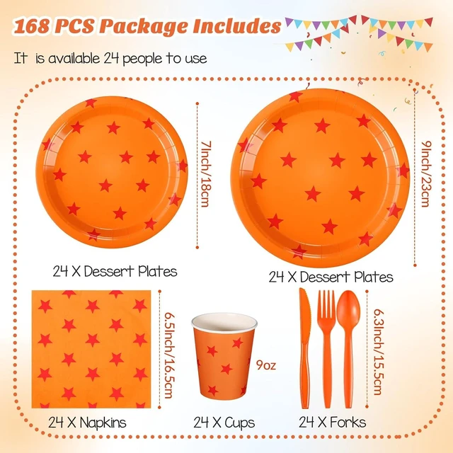 Alt view image 8 of 12 - Oudain 170 Pcs Anime Tableware Set Anime Theme Party Supplies 24 Sets Yellow and Red Stars Print Disposable Plates Napkin Cup Fork Knife Spoon Tablecloth for Anime Party Decorations