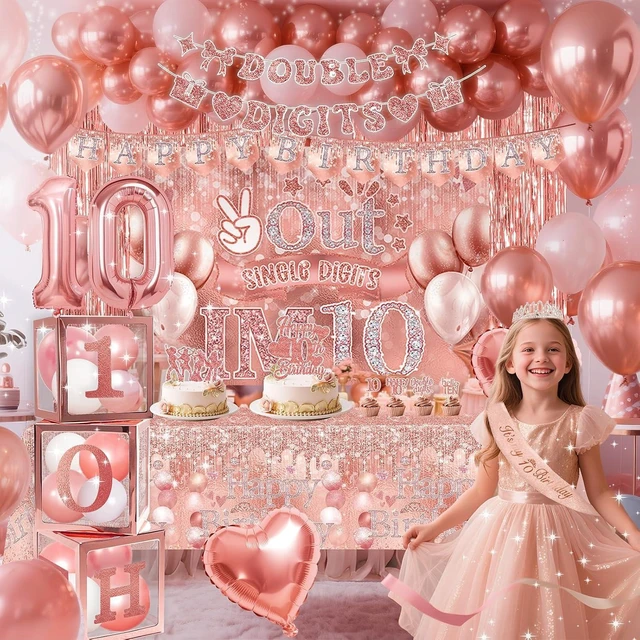 Alt view image 6 of 10 - 10th Birthday Decorations,Double Digits Bday Decor Peace Out Single Digits Backdrop Banner Glitter Cake Topper Tablecloth Balloons Sash Crown Boxes For Rose Gold 10th Girls Pink Bday Party Supplies