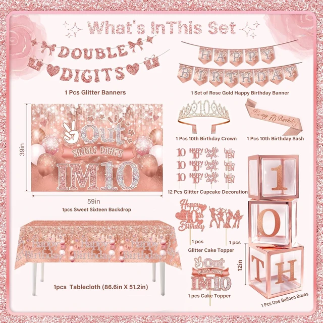 Alt view image 7 of 10 - 10th Birthday Decorations,Double Digits Bday Decor Peace Out Single Digits Backdrop Banner Glitter Cake Topper Tablecloth Balloons Sash Crown Boxes For Rose Gold 10th Girls Pink Bday Party Supplies