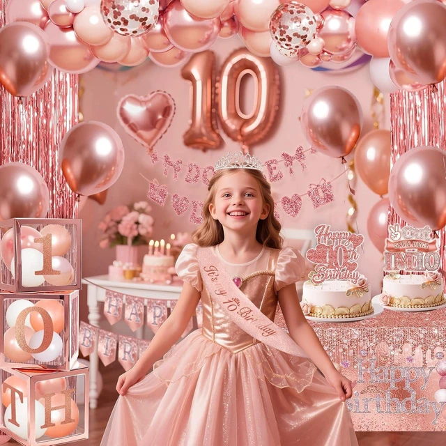 Alt view image 9 of 10 - 10th Birthday Decorations,Double Digits Bday Decor Peace Out Single Digits Backdrop Banner Glitter Cake Topper Tablecloth Balloons Sash Crown Boxes For Rose Gold 10th Girls Pink Bday Party Supplies