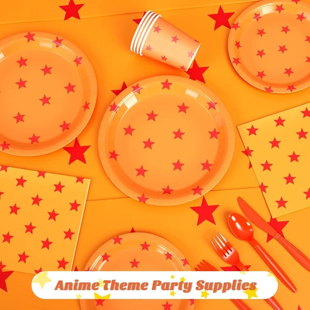 Alt view image 10 of 12 - Oudain 170 Pcs Anime Tableware Set Anime Theme Party Supplies 24 Sets Yellow and Red Stars Print Disposable Plates Napkin Cup Fork Knife Spoon Tablecloth for Anime Party Decorations