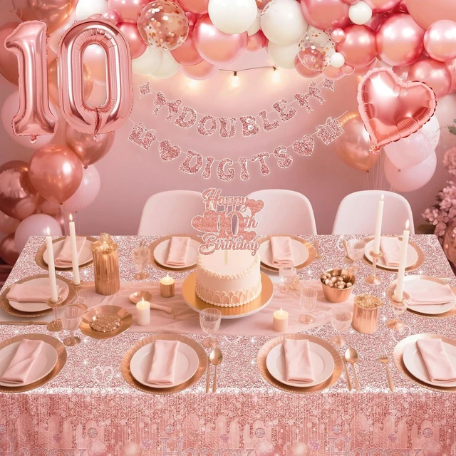 Alt view image 10 of 10 - 10th Birthday Decorations,Double Digits Bday Decor Peace Out Single Digits Backdrop Banner Glitter Cake Topper Tablecloth Balloons Sash Crown Boxes For Rose Gold 10th Girls Pink Bday Party Supplies