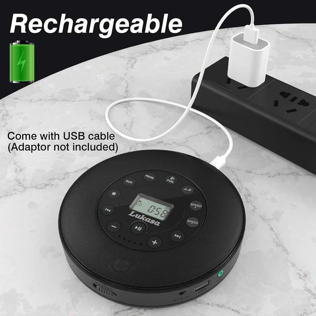 Alt view image 12 of 14 - Lukasa Portable Bluetooth CD Player Built-in Speaker Stereo, Personal MP3 Players Rechargeable Compact Car Disc CD Music Player USB Play Anti-Shock Protection (Black)