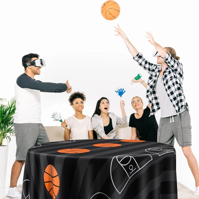 Alt view image 14 of 14 - Funnymoom 6 Pack Round Basketball Tablecloth 84 Inch Plastic Basketball Party Decorations Disposable Table Cloth Washable Disposable Circle Table Cover for Birthday Party Supplies Decoration