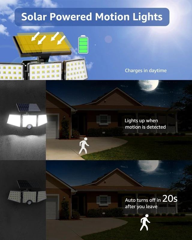 Alt view image 9 of 14 - LE Solar Lights for Outside, Solar Lights Outdoor with Motion Sensor, WL4000 High Brightness, 3 Adjustable Heads 270° Wide Lighting Angle, IP65 Waterproof, Wireless Wall Lamp for Yard Garage, 2 Packs