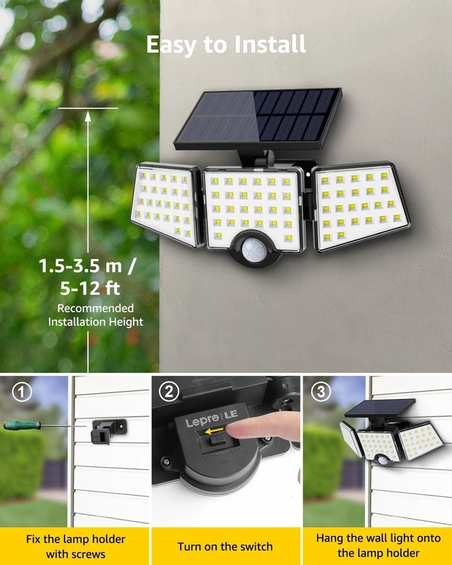 Alt view image 13 of 14 - LE Solar Lights for Outside, Solar Lights Outdoor with Motion Sensor, WL4000 High Brightness, 3 Adjustable Heads 270° Wide Lighting Angle, IP65 Waterproof, Wireless Wall Lamp for Yard Garage, 2 Packs