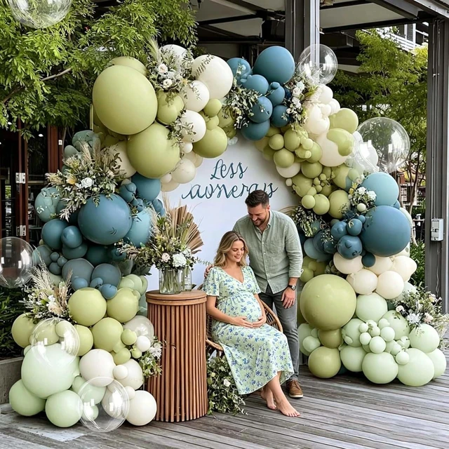 Alt view image 14 of 14 - Blue Green Balloon Arch Kit Double Stuffed Dusty Light Green Slate Blue White Pastel Olive Balloon Garland with Clear Bobo for Baby Shower Bridal Wedding Birthday Gender Reveal Goose Party Decor