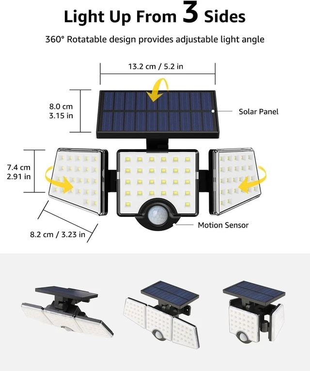 Alt view image 12 of 14 - LE Solar Lights for Outside, Solar Lights Outdoor with Motion Sensor, WL4000 High Brightness, 3 Adjustable Heads 270° Wide Lighting Angle, IP65 Waterproof, Wireless Wall Lamp for Yard Garage, 2 Packs