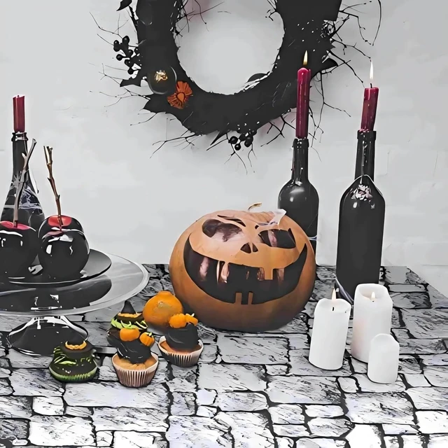 Alt view image 7 of 8 - Irenare Halloween Stone Wall Tablecloths, Medieval Castle Party Decorations Supplies Disposable Plastic Brick Stone Tablecloth Brick Wall Table Covers for Birthday Party Favors(6 Pack,108 x 54 Inch)