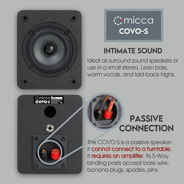 Alt view image 7 of 10 - Micca COVO-S 2-Way Passive Bookshelf Speakers, Amplifier Required, Not for Turntable, 3-Inch Woofer, 0.75-Inch Tweeter, Wall Mountable, Pair, Black