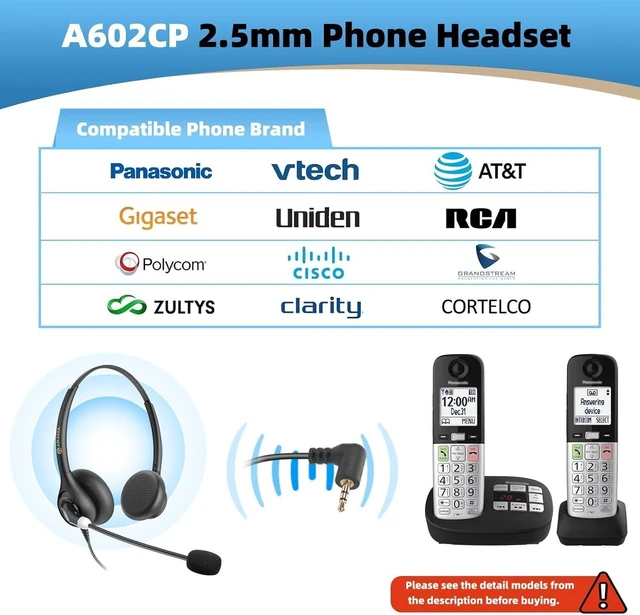 Alt view image 9 of 14 - Arama Cordless Phone Headset with Microphone, 2.5mm Jack Telephone Headset for Office Landline, Noise-Cancelling Mic & Volume Control, Wired Headphones Compatible with Panasonic AT&T Vtech Uniden