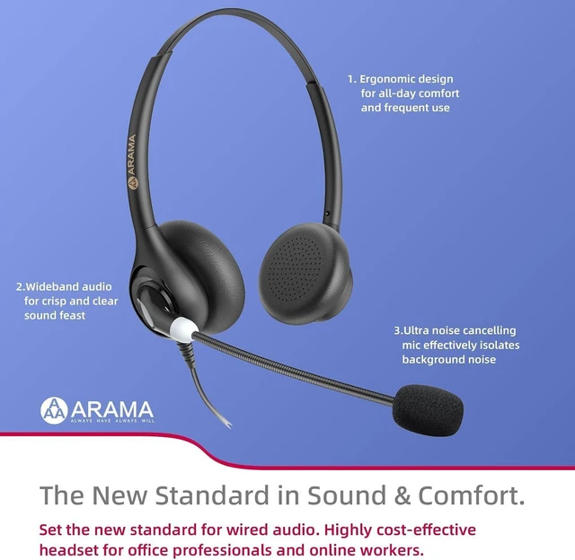 Alt view image 13 of 14 - Arama Cordless Phone Headset with Microphone, 2.5mm Jack Telephone Headset for Office Landline, Noise-Cancelling Mic & Volume Control, Wired Headphones Compatible with Panasonic AT&T Vtech Uniden