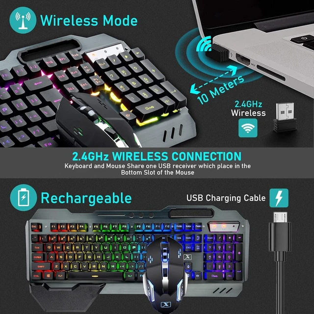 Alt view image 12 of 14 - Wireless Gaming Keyboard and Mouse with Rainbow LED 16RGB Backlit Rechargeable 4800mAh Battery Metal Panel Mechanical Ergonomic Feel Waterproof Dustproof 7 Color Mute Mice for Laptop PC Gamer(Black)
