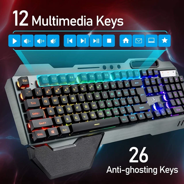 Alt view image 13 of 14 - Wireless Gaming Keyboard and Mouse with Rainbow LED 16RGB Backlit Rechargeable 4800mAh Battery Metal Panel Mechanical Ergonomic Feel Waterproof Dustproof 7 Color Mute Mice for Laptop PC Gamer(Black)