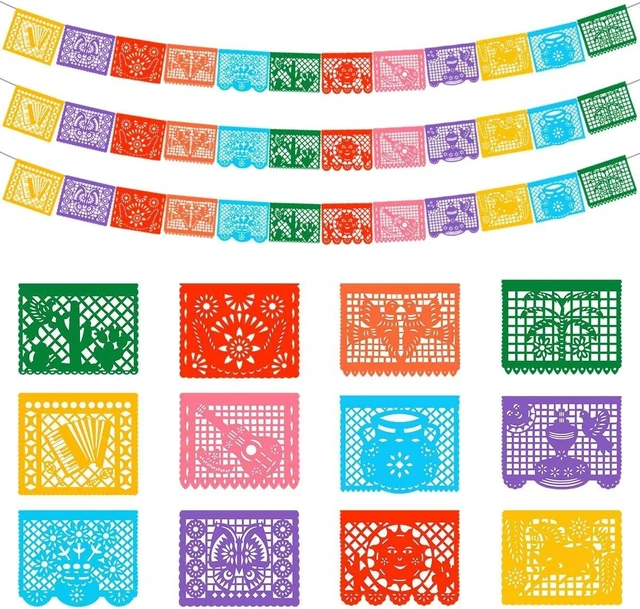 Alt view image 8 of 14 - DUNCHATY 3 Pack Mexican Banner - 66 Ft(22ft x 3) Papel Picado Fiesta Decorations Cinco de Mayo Día de Muertos Birthday Party Supplies - 12 Patterns with String Waterproof Plastic Indoor Outdoor