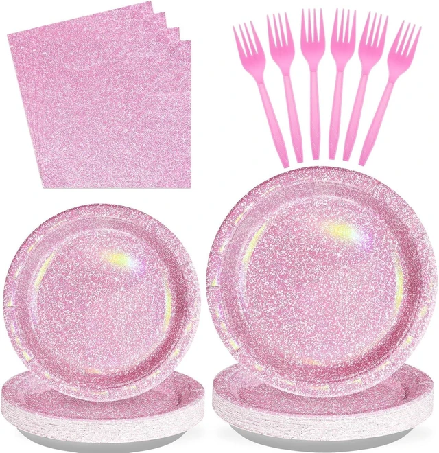 Alt view image 8 of 14 - Grencian 96Pcs Pink Pastel Party Supplies Light Pink and White Plates and Napkins Tableware Set Rainbow Birthday Decorations for Girls Women Sprinkle Bride Shower Wedding Anniversary Party Serves 24