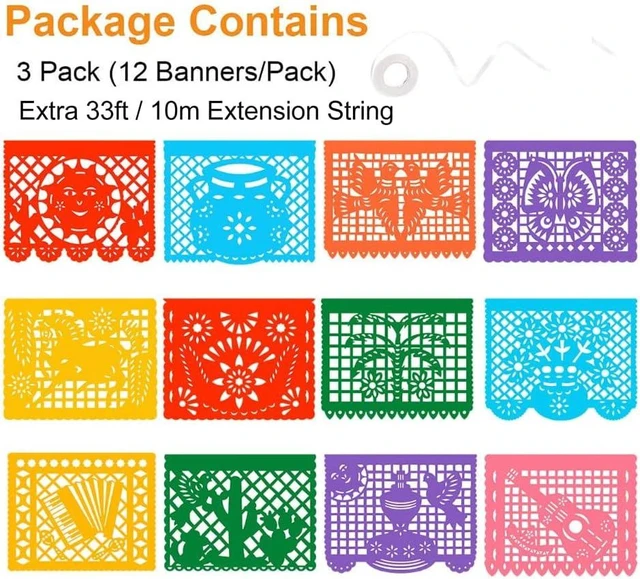 Alt view image 13 of 14 - DUNCHATY 3 Pack Mexican Banner - 66 Ft(22ft x 3) Papel Picado Fiesta Decorations Cinco de Mayo Día de Muertos Birthday Party Supplies - 12 Patterns with String Waterproof Plastic Indoor Outdoor