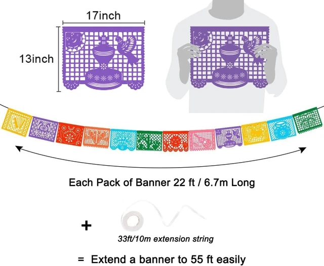 Alt view image 10 of 14 - DUNCHATY 3 Pack Mexican Banner - 66 Ft(22ft x 3) Papel Picado Fiesta Decorations Cinco de Mayo Día de Muertos Birthday Party Supplies - 12 Patterns with String Waterproof Plastic Indoor Outdoor