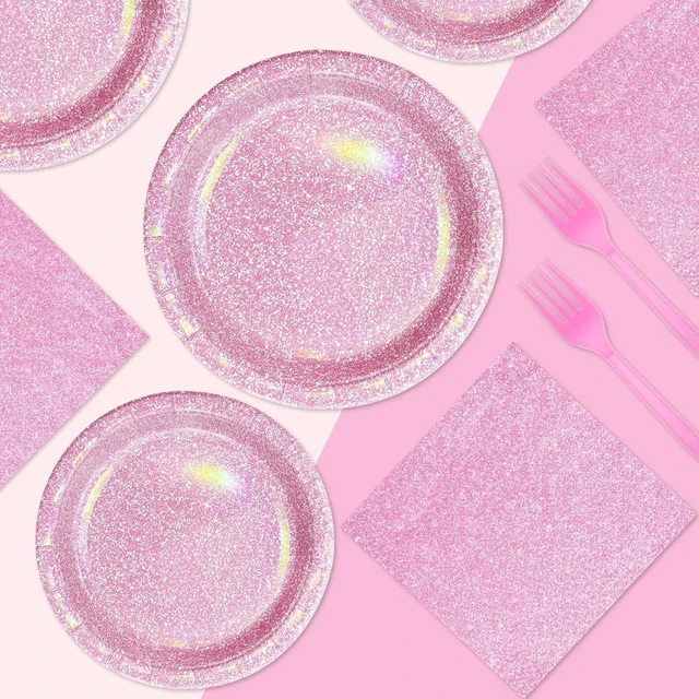 Alt view image 12 of 14 - Grencian 96Pcs Pink Pastel Party Supplies Light Pink and White Plates and Napkins Tableware Set Rainbow Birthday Decorations for Girls Women Sprinkle Bride Shower Wedding Anniversary Party Serves 24