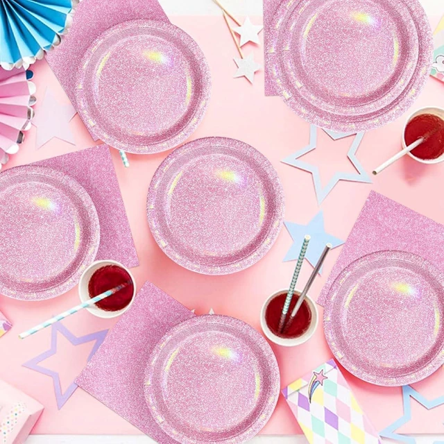 Alt view image 13 of 14 - Grencian 96Pcs Pink Pastel Party Supplies Light Pink and White Plates and Napkins Tableware Set Rainbow Birthday Decorations for Girls Women Sprinkle Bride Shower Wedding Anniversary Party Serves 24