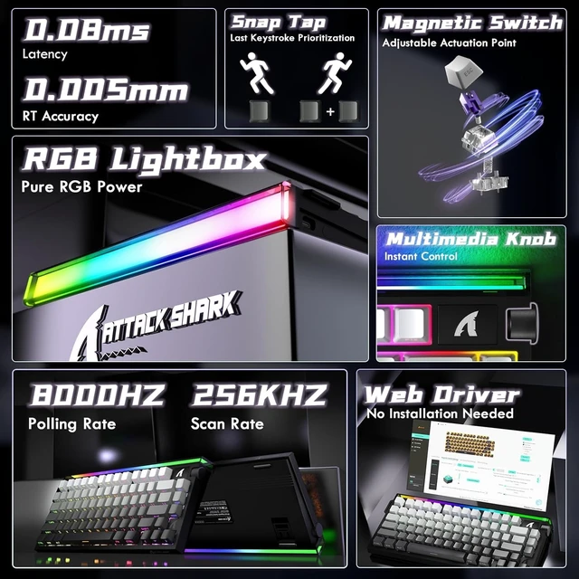 Alt view image 9 of 14 - ATTACK SHARK R85HE Wired 75% Hall Effect Rapid Trigger Mechanical RGB Gaming Keyboard with 8K Polling,0.05mm RT Accuracy,0.08MS Latency,Magnetic Switch,5 Layer Sound Damped,Driver for PC(Moonlight)
