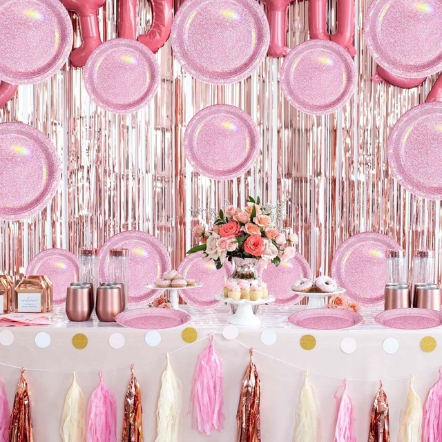 Alt view image 14 of 14 - Grencian 96Pcs Pink Pastel Party Supplies Light Pink and White Plates and Napkins Tableware Set Rainbow Birthday Decorations for Girls Women Sprinkle Bride Shower Wedding Anniversary Party Serves 24