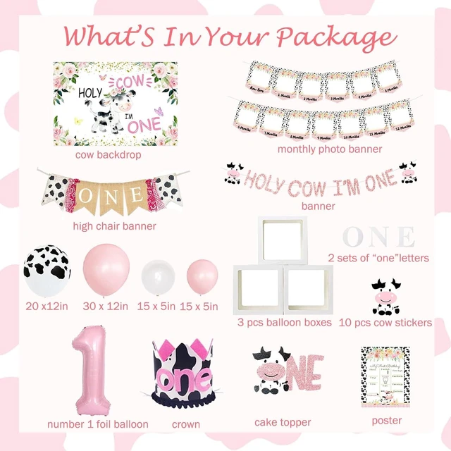Alt view image 9 of 14 - Holy Cow I'm One Birthday Decorations, 1st Birthday Decorations Girl, Cow First Birthday Party Supplies Girl, Cow Print One Year Old Birthday Decorations, First Birthday Girl Decorations