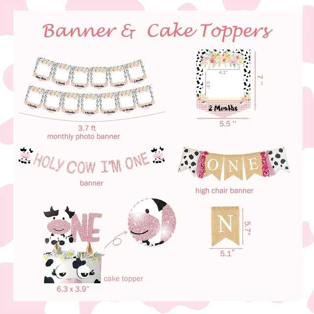 Alt view image 12 of 14 - Holy Cow I'm One Birthday Decorations, 1st Birthday Decorations Girl, Cow First Birthday Party Supplies Girl, Cow Print One Year Old Birthday Decorations, First Birthday Girl Decorations