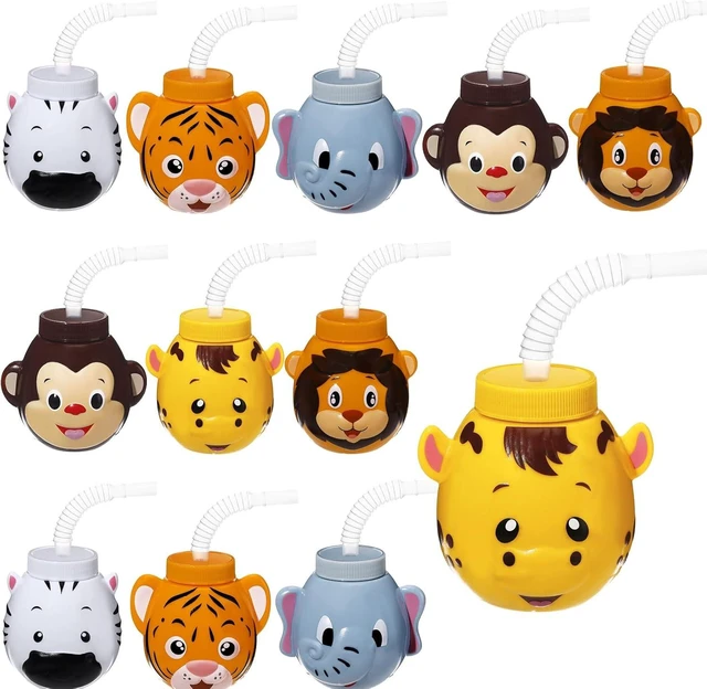 Alt view image 8 of 14 - Hoolerry 12 Sets Zoo Animal Cups with Straws and Lids, 10 oz Plastic Reusable Safari Jungle Animal Theme Kids Cups for Safari Birthday Party Supplies