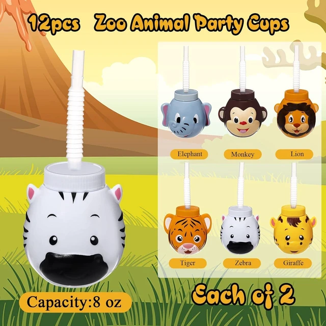 Alt view image 9 of 14 - Hoolerry 12 Sets Zoo Animal Cups with Straws and Lids, 10 oz Plastic Reusable Safari Jungle Animal Theme Kids Cups for Safari Birthday Party Supplies